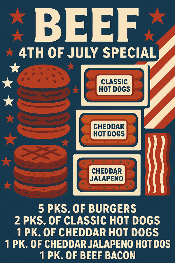 4th of July Beef Box – Dry Aged Burgers, 100% Beef Hot Dogs & Bacon