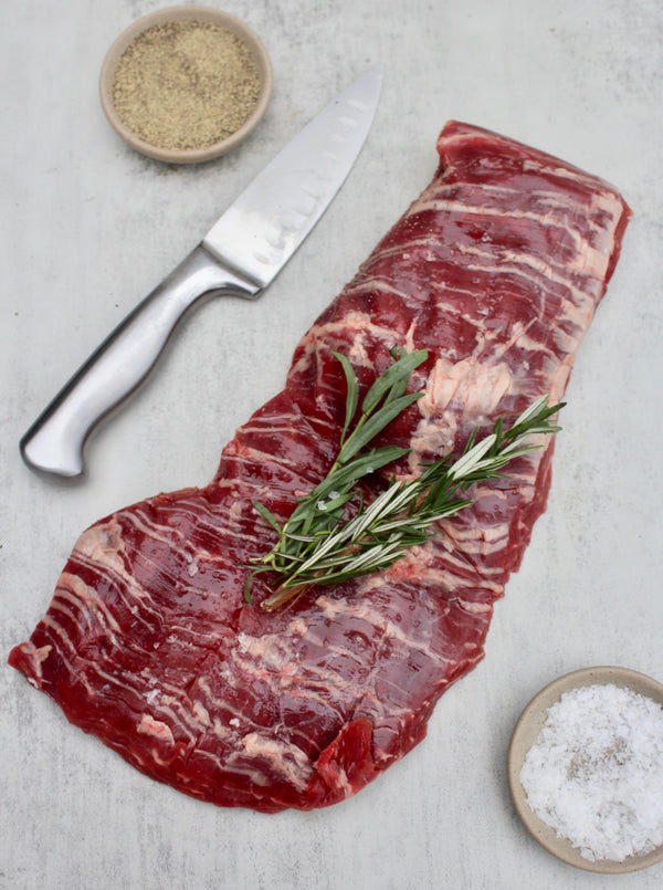 Pastured Beef, Prime Hanger Steak with Coarse Maldon Sea Salt, Pepper, and Rosemary