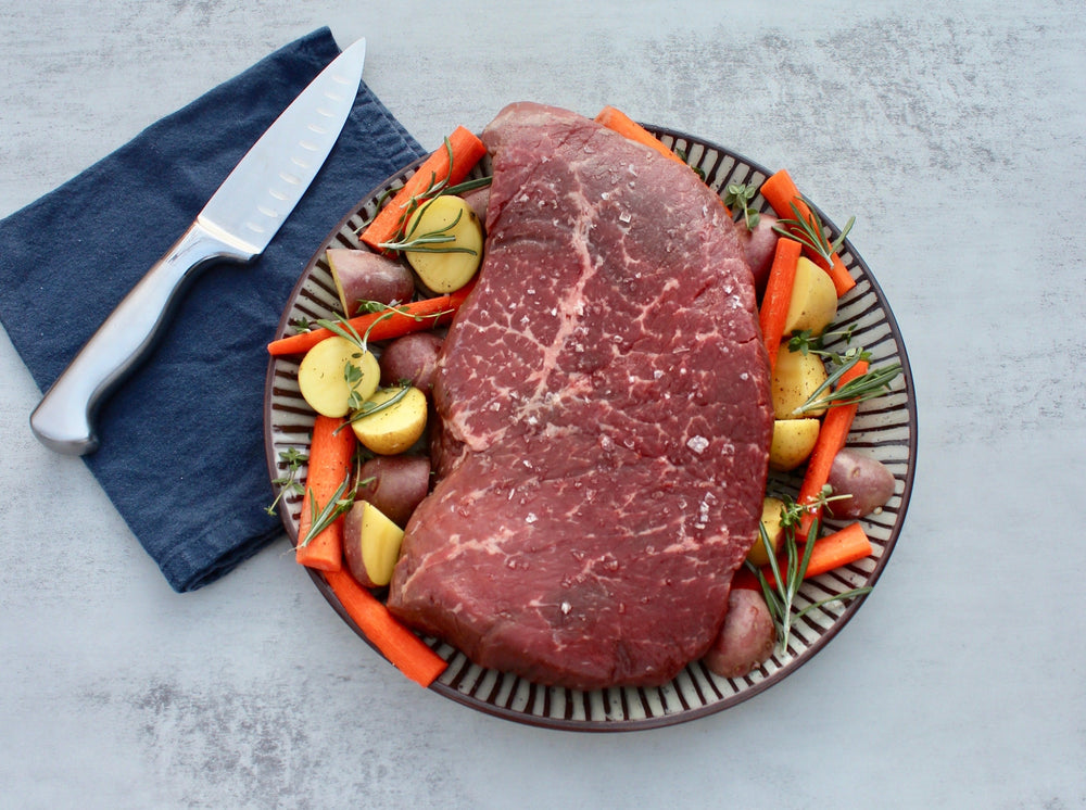 Pastured Beef, Prime London Broil with Maldon Sea Salt and Root Vegetables